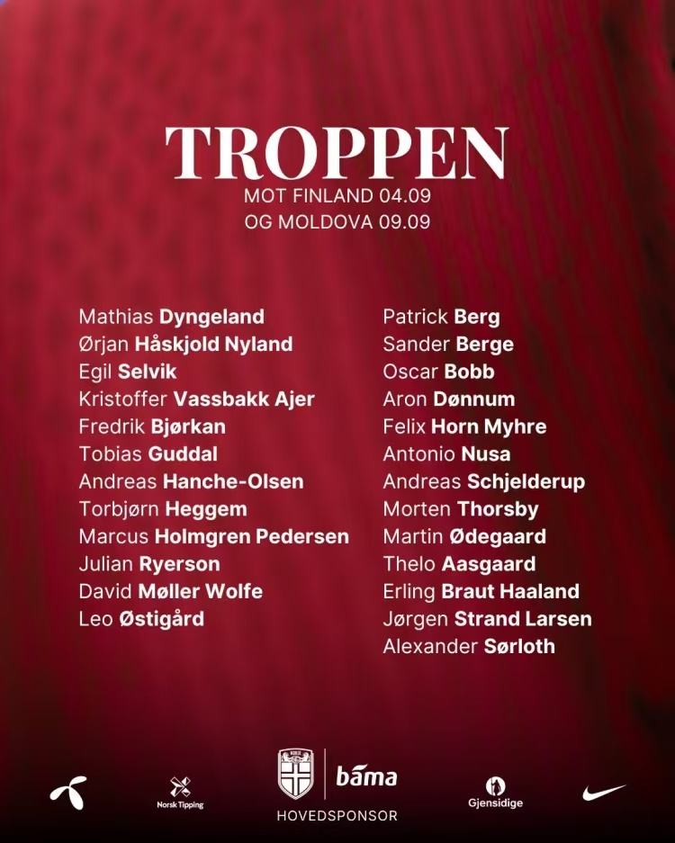 挪威队世预赛大名单:哈兰德&厄德高领衔,瑟洛特、努萨在列